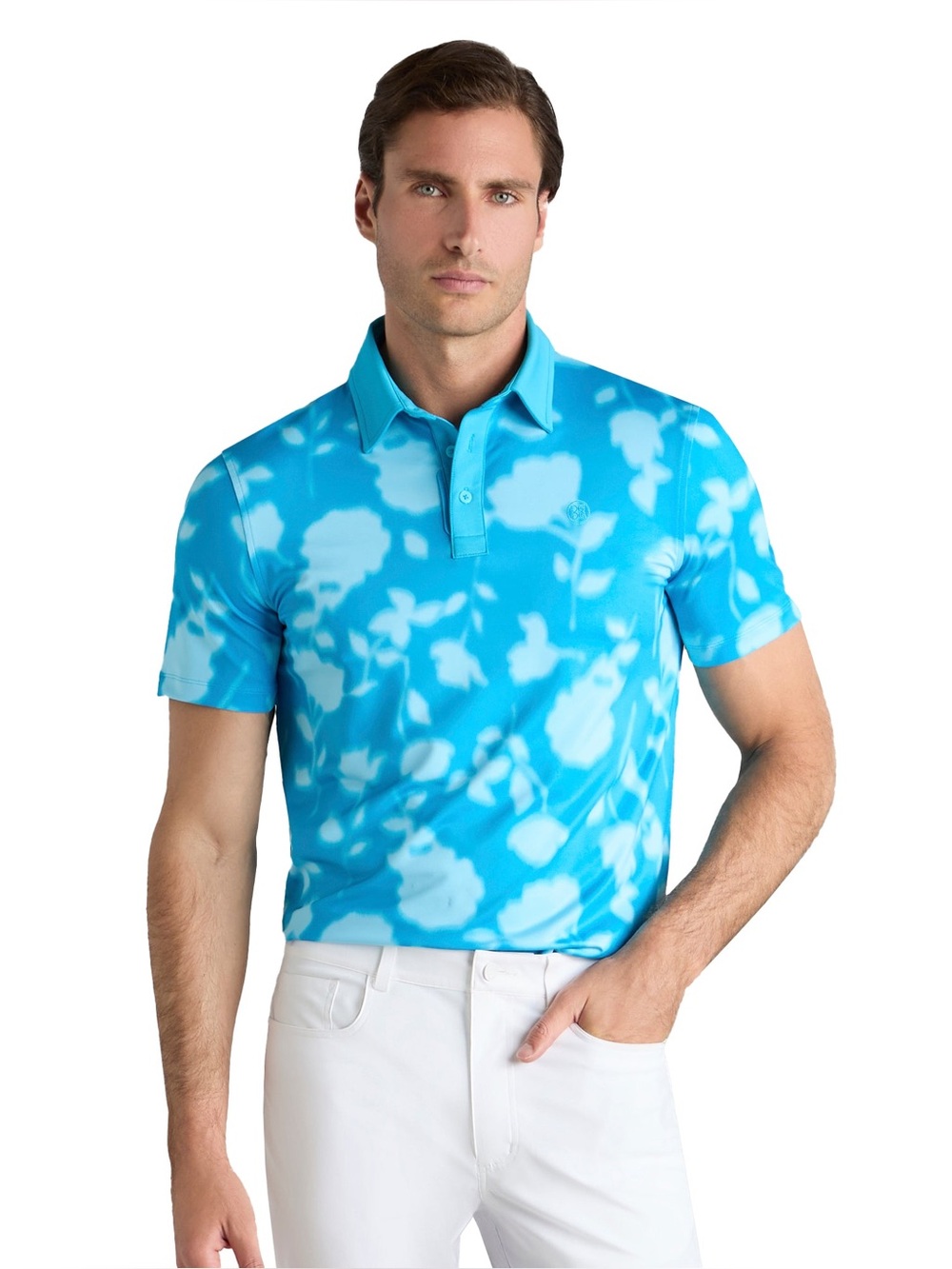 G/FORE Blur Floral Tech Jersey Classic Polo Shirt-Venetian Blue-Men Size XL